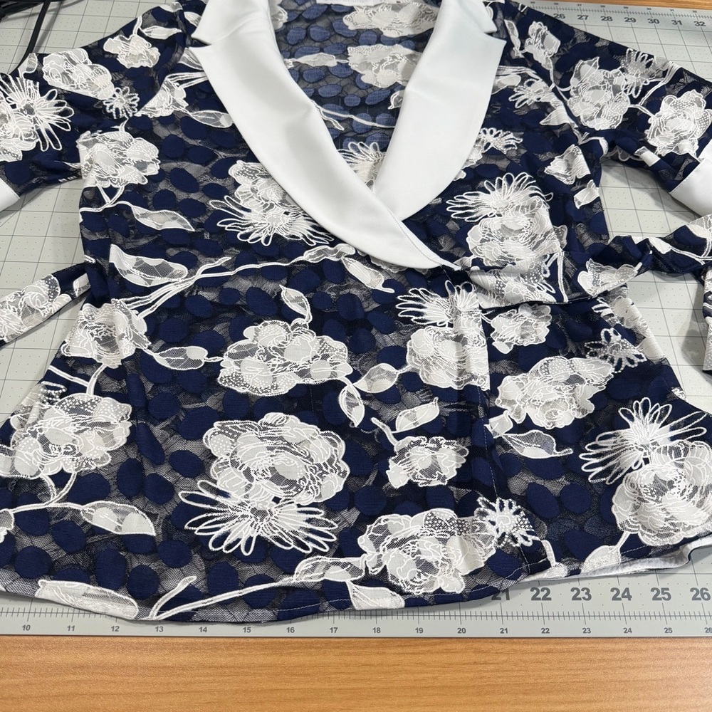 Anne Fontaine Christy Lace Blouse Navy Polka Dot Mesh Floral Shawl Collar L / 44 - Picture 9 of 16